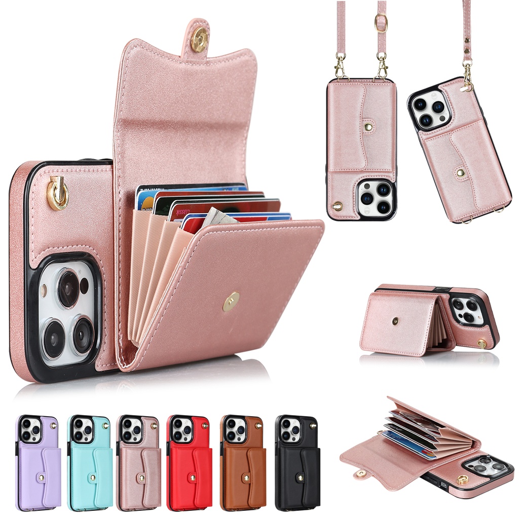 8 Card Case with Cross Body Strap for iPhone 15 Plus - Rose Gold