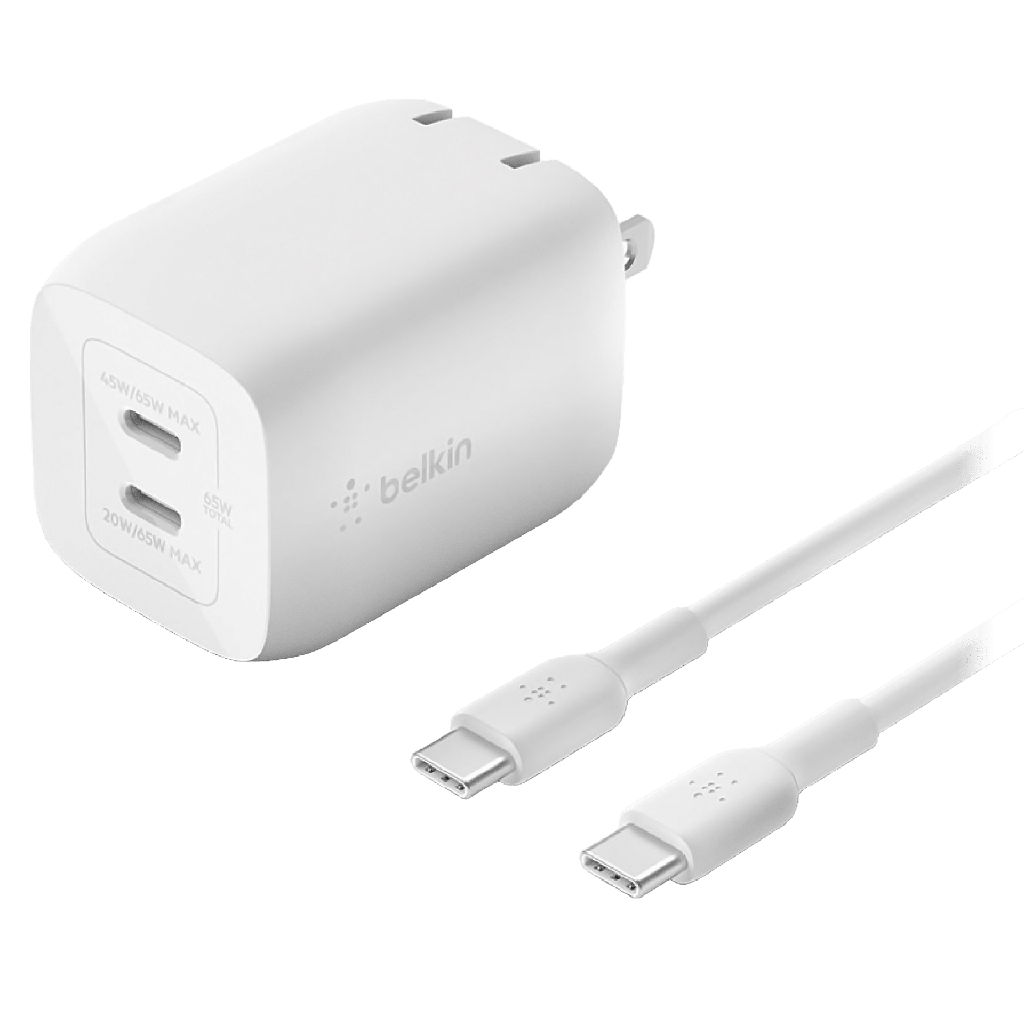 Belkin - 65w Dual Usb C Gan Wall Charger With Pps And Usb C To Usb C Cable - White