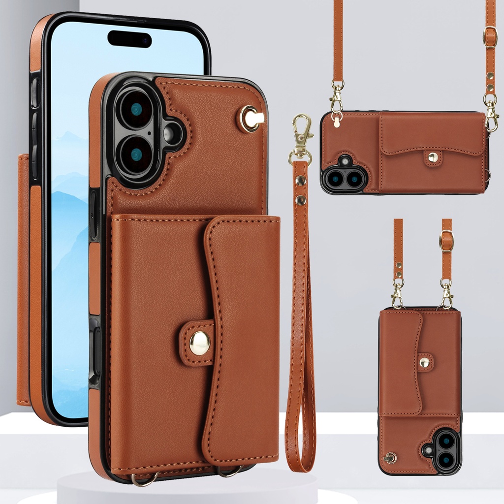 8 Card Case with Cross Body Strap for iPhone 16 - Brown