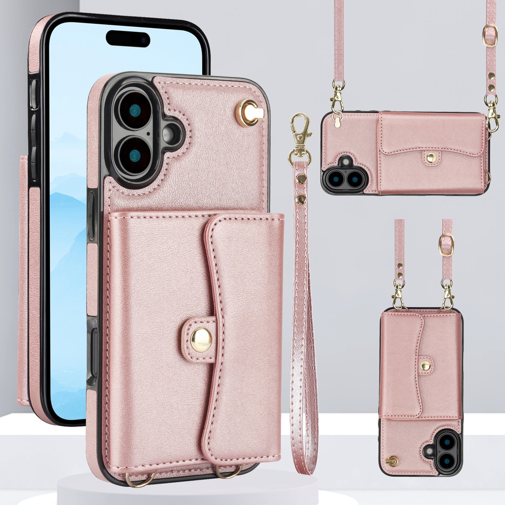 8 Card Case with Cross Body Strap for iPhone 16 Plus - Rose Gold