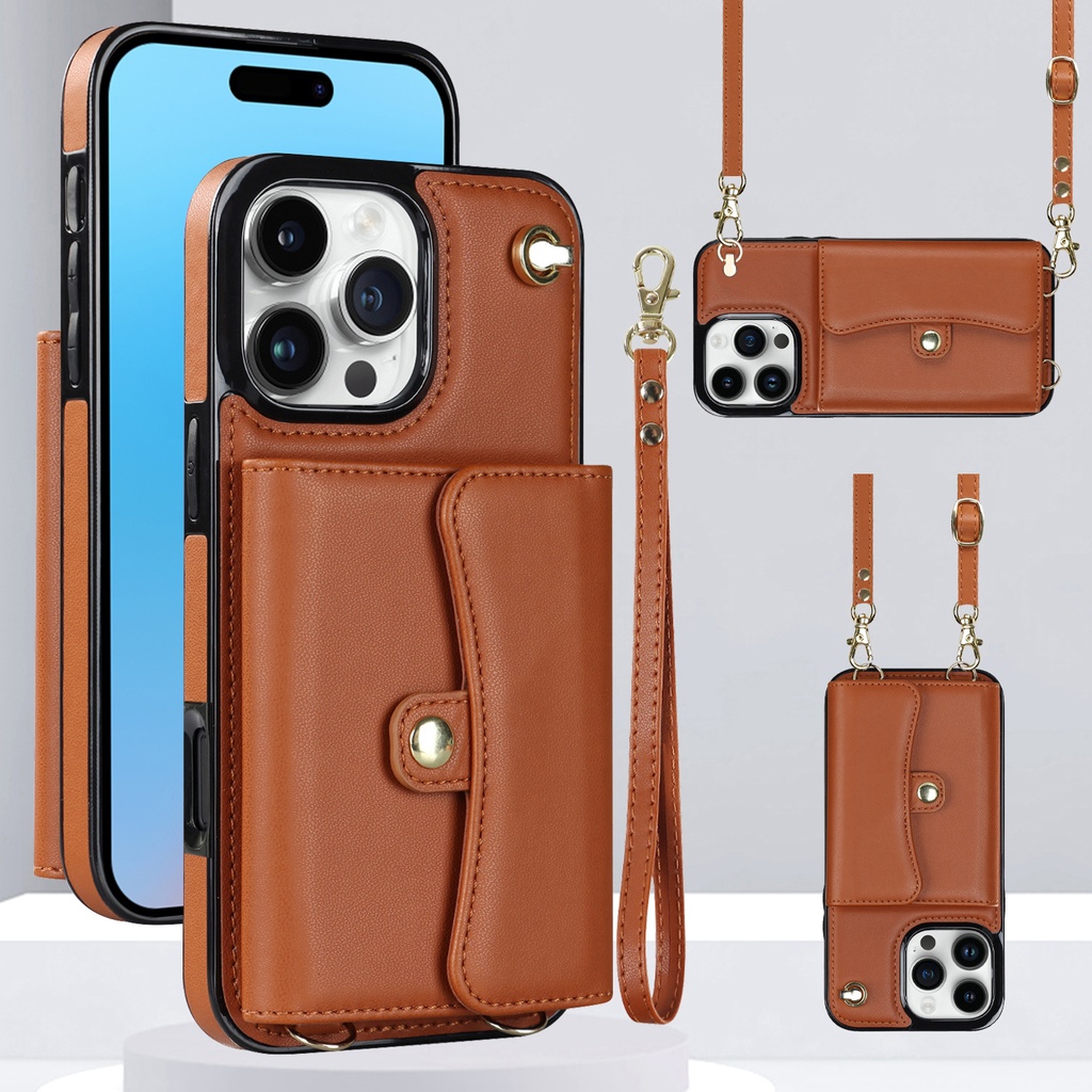 8 Card Case with Cross Body Strap for iPhone 16 Pro - Brown