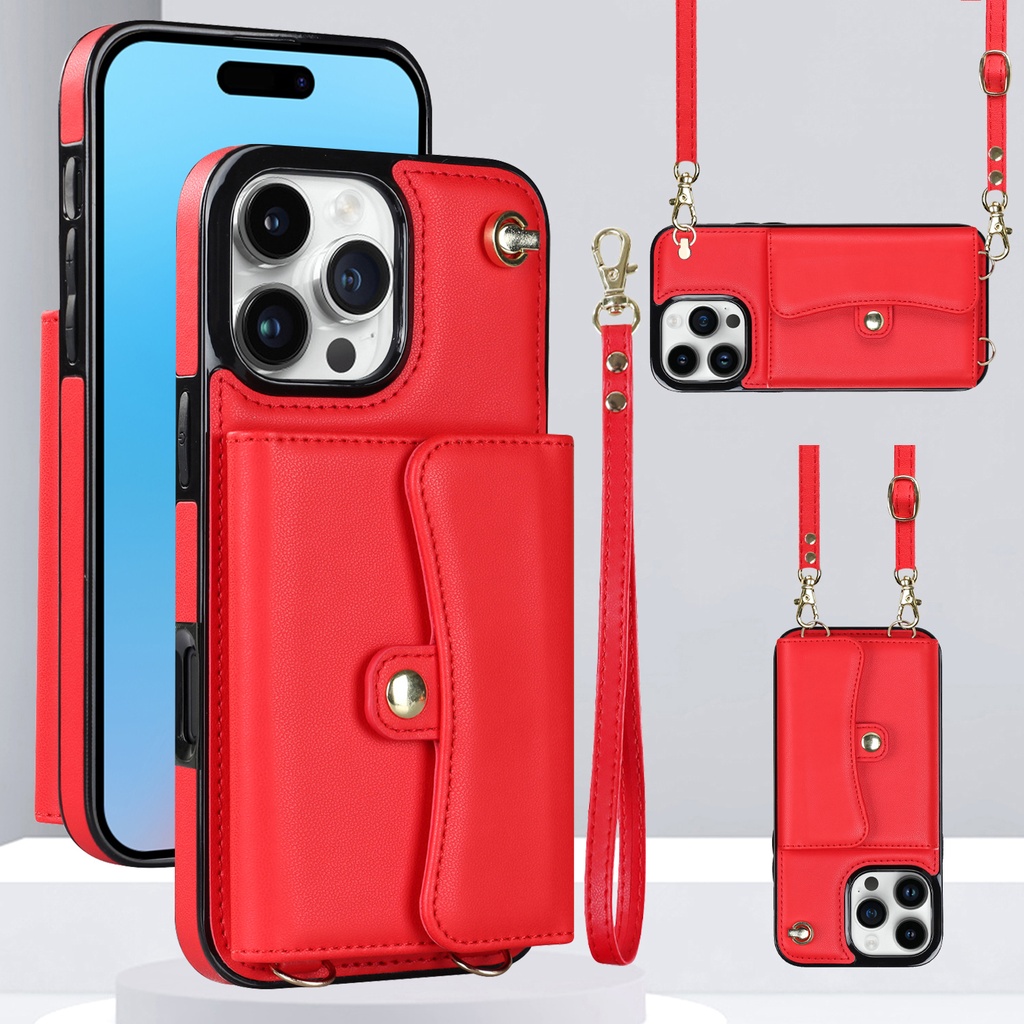 8 Card Case with Cross Body Strap for iPhone 16 Pro - Red