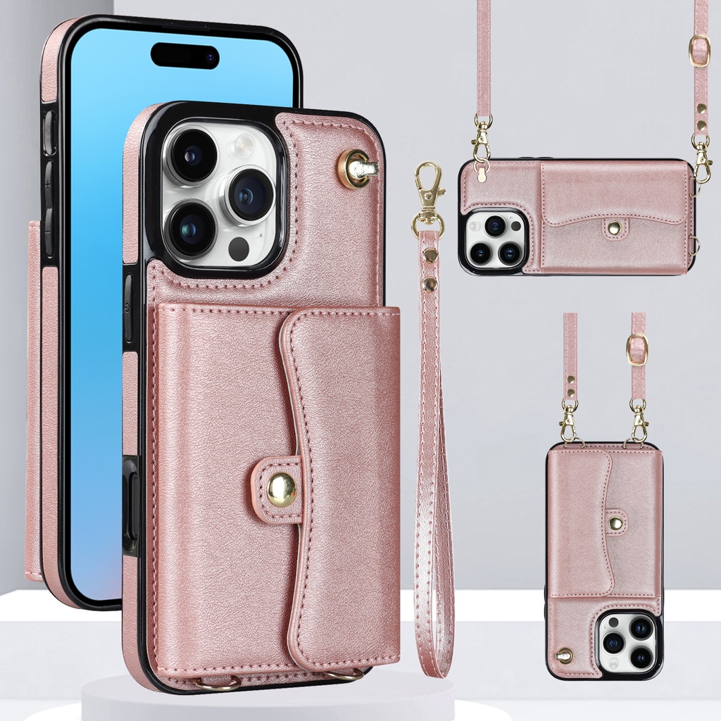 8 Card Case with Cross Body Strap for iPhone 16 Pro Max - Rose Gold