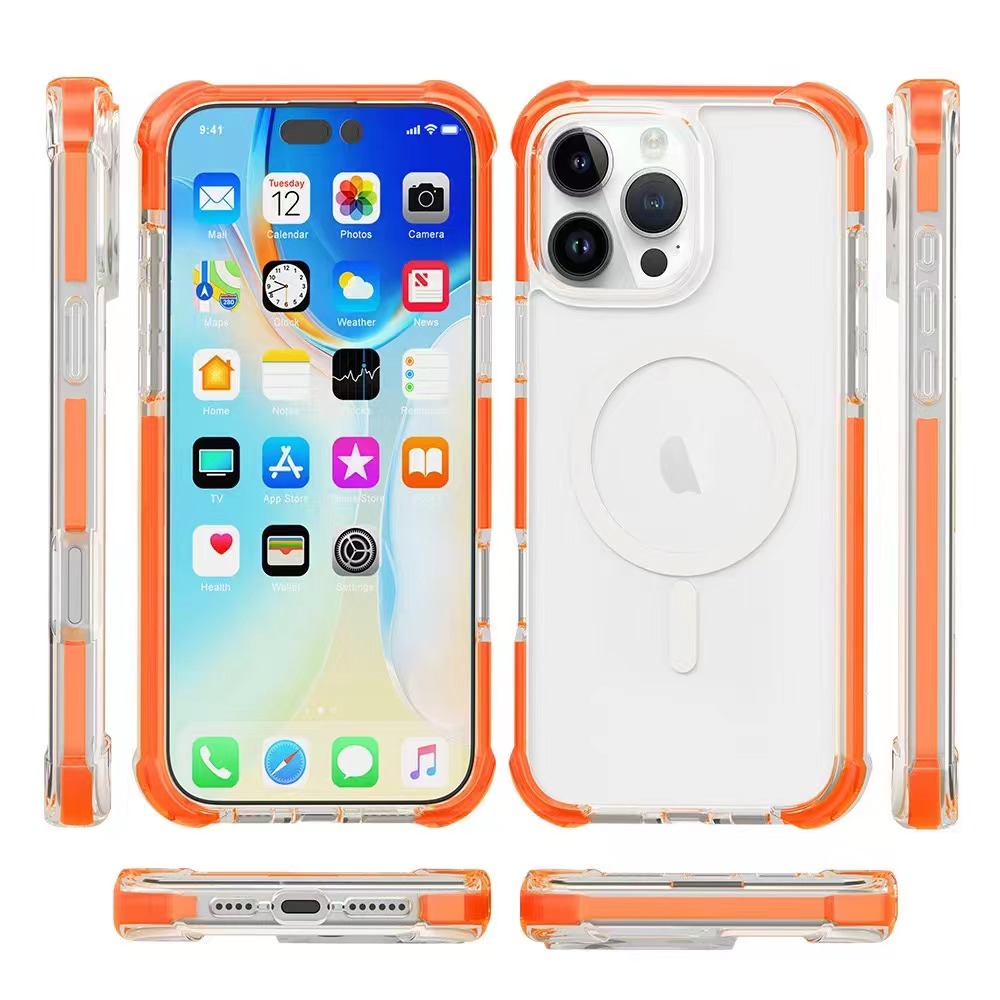 Hard Elastic Clear Case with Magsafe for iPhone 16 - Orange Edge