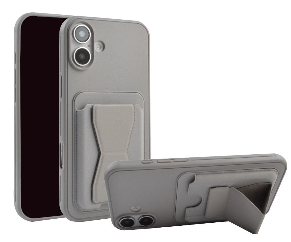 Magnetic Leather  Card Case with Stand for iPhone 16 - Gray