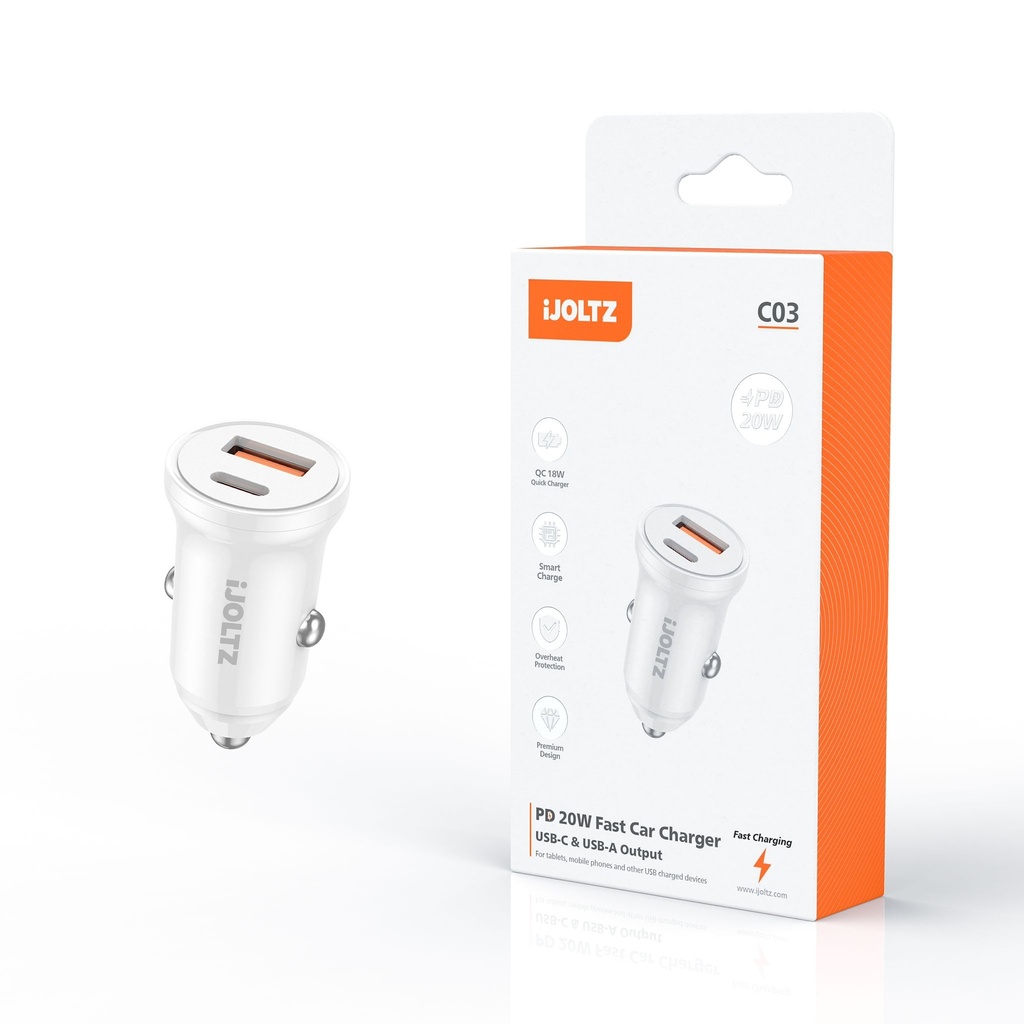 iJoltz - PD 20W + QC 3.0 Mini Car Charging USB-C (White)