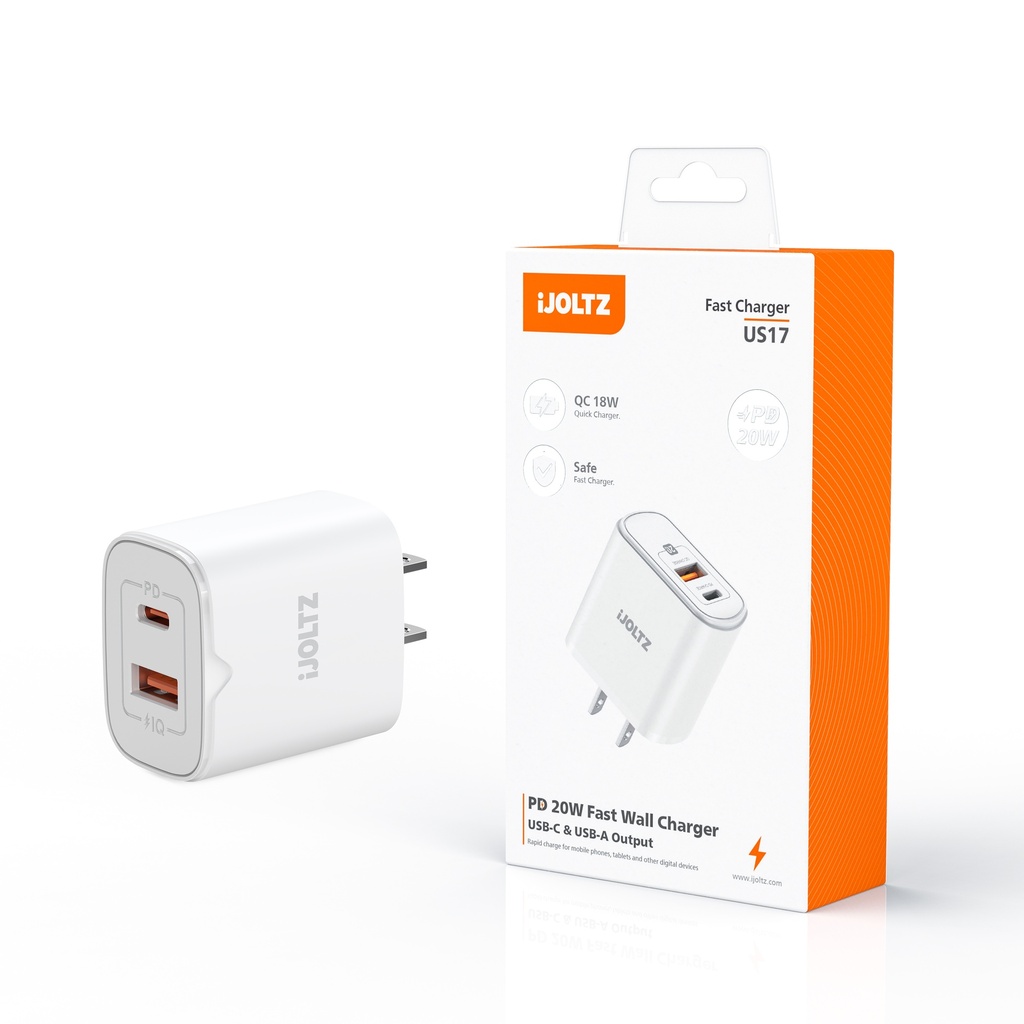 iJoltz - PD 20W + QC 3.0 Dual Port USB-C & USB-A Fast Wall Charger (White)