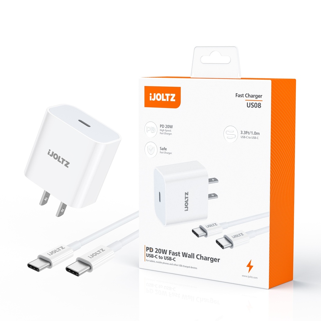 iJoltz - USB-C to USB-C PD 20W Fast Wall Charger (3.3 Ft) (White)