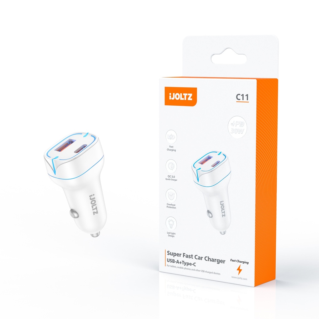 iJoltz - PD 20W + QC 3.0 Led Light Dual Port Fast Car Charger USB-C (White)