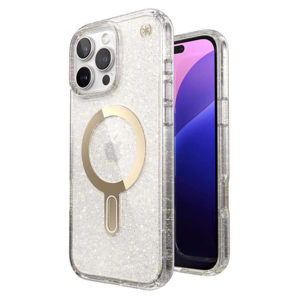 Speck - Presidio Lux Case With Clicklock For Apple Iphone 16 Pro Max - Gold Glitter And Clear