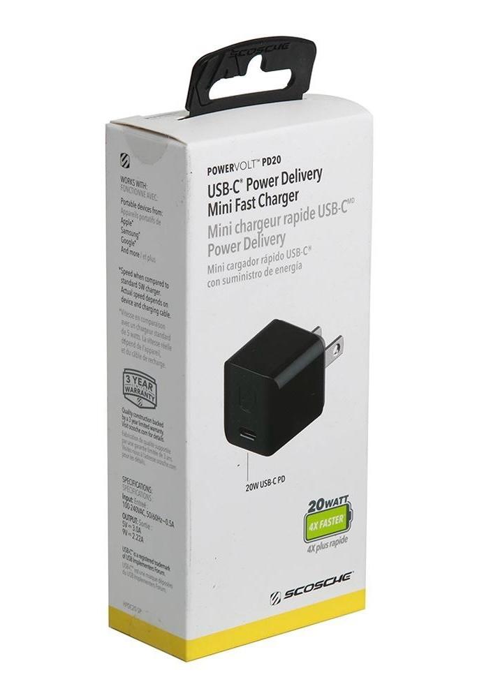 Scosche Fast Charger 20W Mini Cube USB-C, 4X Faster Power Charge - Black
