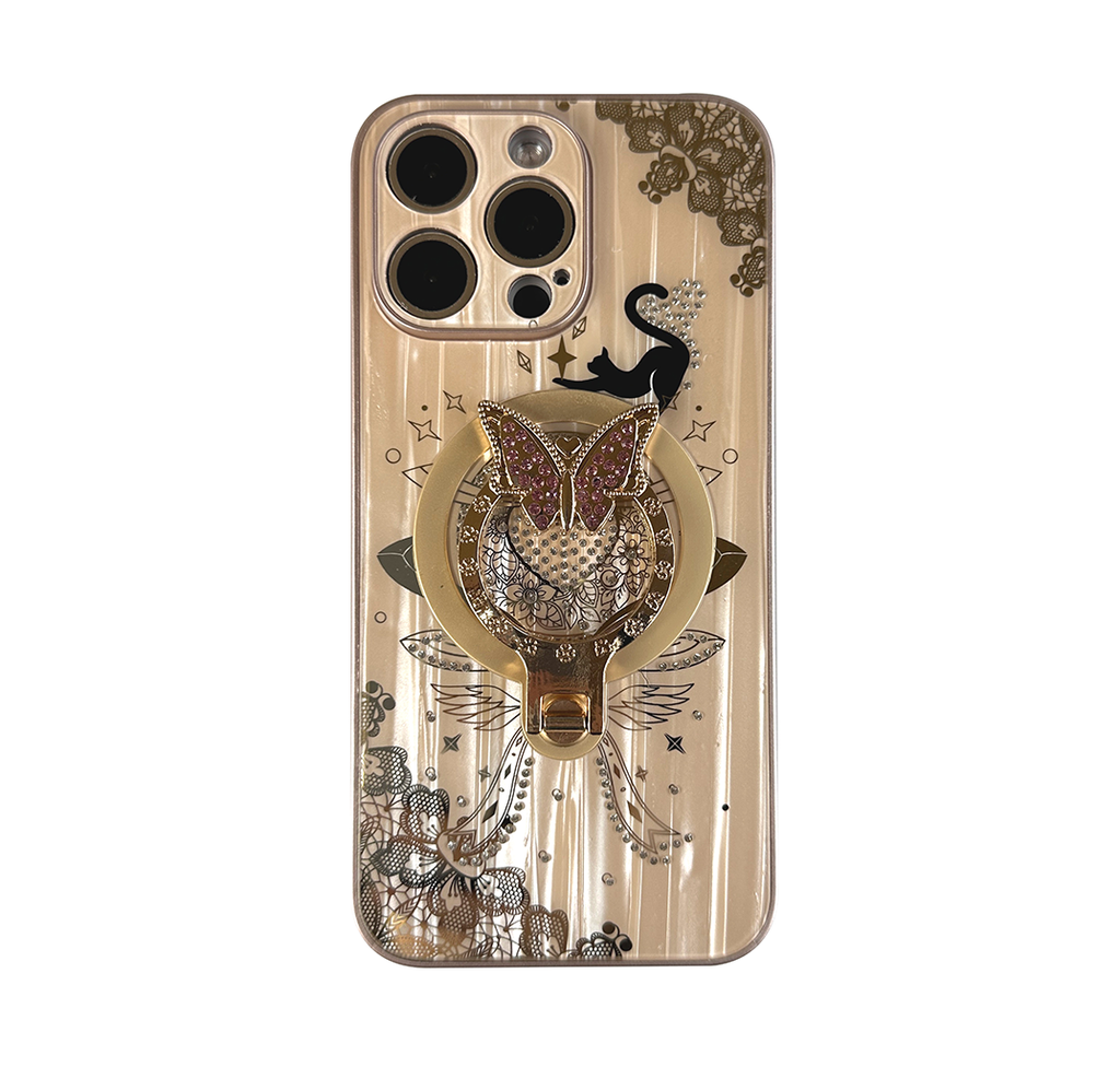 Butterfly Gold Ring Case for iPhone 15 Pro Max - Gold