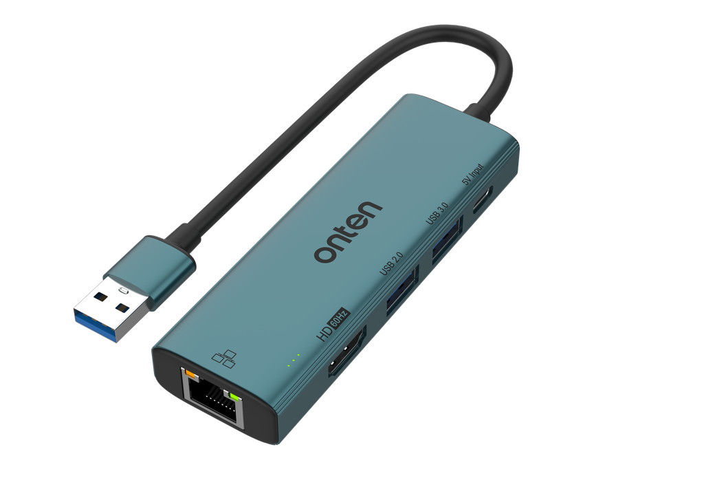 Onten US125 5 in 1 USB 3.0 to HDMl + RJ45 (100m) + USB 3.0 + USB 2.0 + USB-C Adapter (Green)