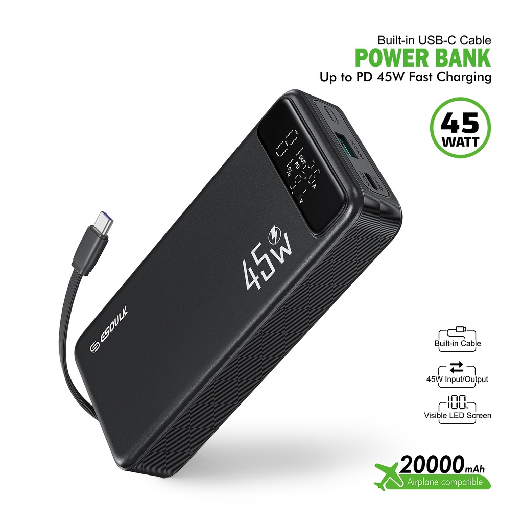 ESOULK 20000mAh PD 45W Built-in USB-C Cable Power Bank (6/24) Fast Charging