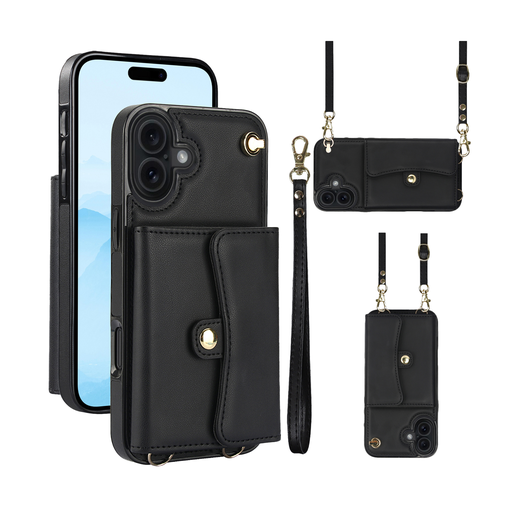 [CS-I17-8CC-BK] 8 Card Case with Cross Body Strap for iPhone 17 - Black