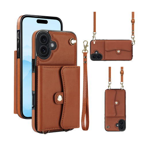 [CS-I17-8CC-BR] 8 Card Case with Cross Body Strap for iPhone 17 - Brown