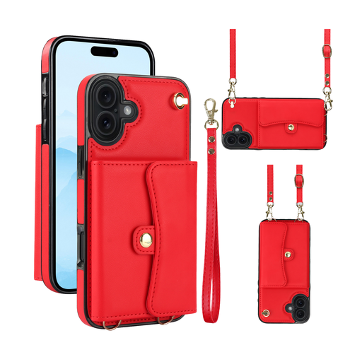 [CS-I17-8CC-RD] 8 Card Case with Cross Body Strap for iPhone 17 - Red