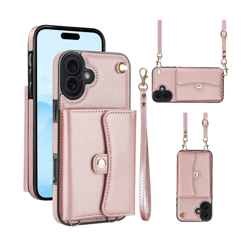 [CS-I17-8CC-ROGO] 8 Card Case with Cross Body Strap for iPhone 17 - Rose Gold