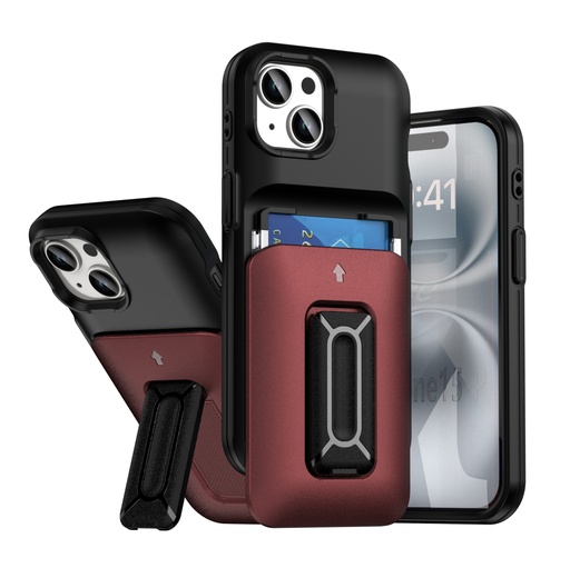[CS-I15-CHC-BKBU] Card Holder Case for iPhone 15 - Black & Burgundy