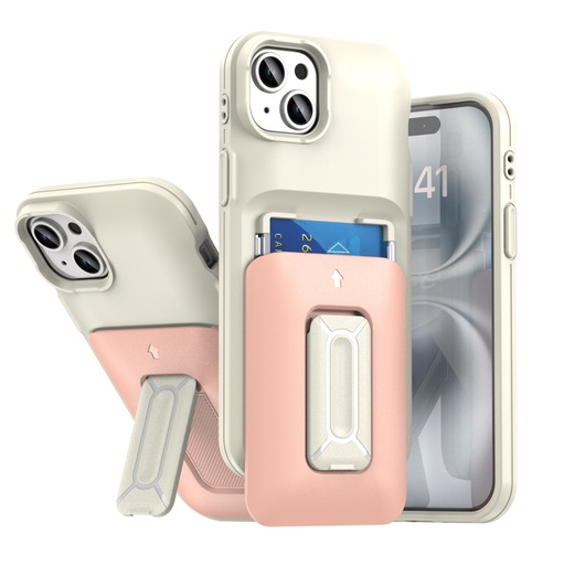 [CS-I15M-CHC-WHPN] Card Holder Case for iPhone 15 Plus / 14 Plus - White & Pink