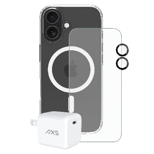 [VAIABC3380] Axs - Essential Bundle 4 In 1 Bundle Includes Ultra Clear Magsafe Case  /  Armorglass Pro Screen Protector  /  Gan Wall Charger 30w  /   Camera Len Pro Screen Protector For Apple Iphone 17 - Clear