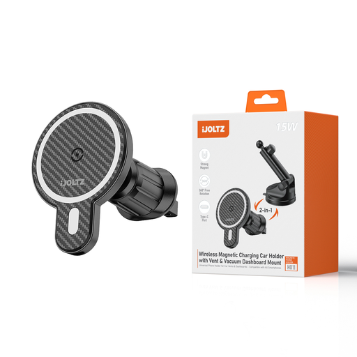 [JC-H011-D006-2C-BK] iJoltz - 15W Magsafe Magnetic Wireless Charger Car Mount with 2 Clips (Windshield + Dashboard)