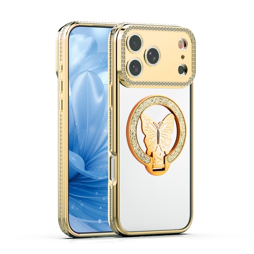 [CS-I15P-DPC-GO] Shiny Butterfly Stand Case for iPhone 15 Pro - Gold