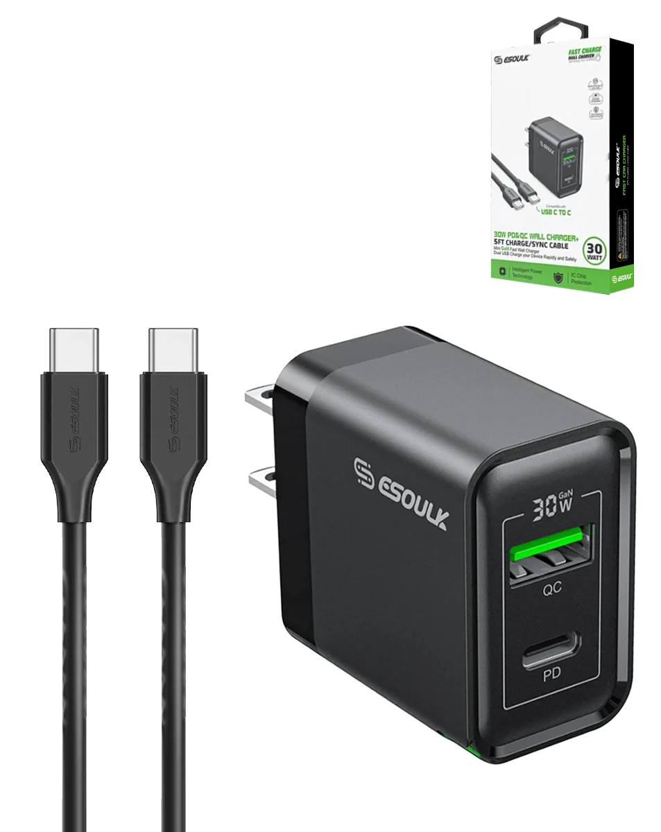 [ACE-EK2008-C2C-30W-BK] Esoulk EK2008 30W PD&QC Wall Charger with USB-C to USB-C USB Cable (5 ft) (Black)