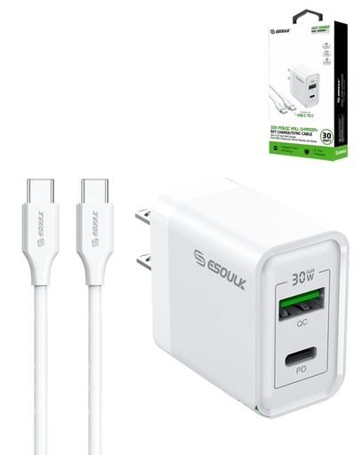 [ACE-EK2008-C2C-30W-WH] Esoulk EK2008 30W PD&QC Wall Charger with USB-C to USB-C USB Cable (5 ft) (White)