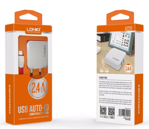 [ACE-LDN-A2201C-WH] LDNIO A2201C 2.4A Wall Charger 2 USB Ports with USB-A to USB-C Cable (White)