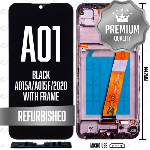 [LCD-A015AMC-WF-BK] LCD Assembly for Galaxy A01 (A015A/A015F/2020 (Micro USB Frame / Narrow FPC Connector) with Frame - Black (Premium/Refurbished)