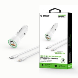 [AC-EC09P-CL-WH] Esoulk 18W Car Charger PD &amp; 2.4A USB with 3ft USB-C to Lightening Cable - White