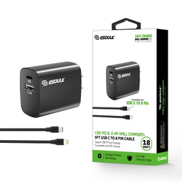 [AC-EC10P-CL-BK] Esoulk 18W Wall Charger PD & 2.4A USB with 5ft USB C to IOS cable - Black