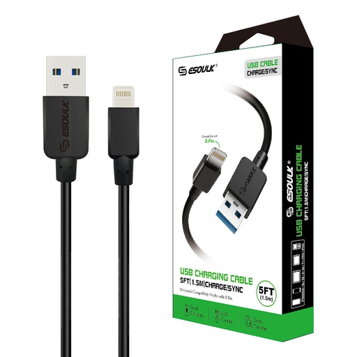 [ACE-EC30P-IP-BK] Esoulk (5 ft) Round Cable For iPhone 1.5A - Black