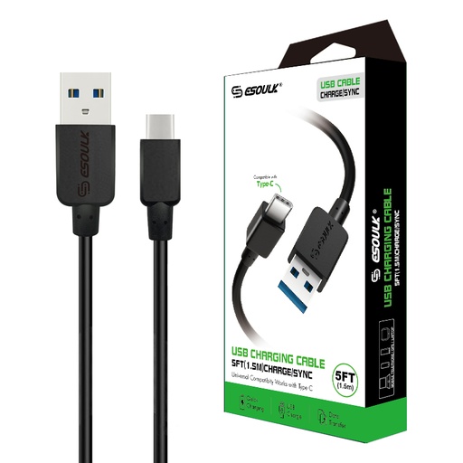 [ACE-EC30P-TPC-BK] Esoulk Round Cable For Type-C 1.5A  (5 ft) - Black