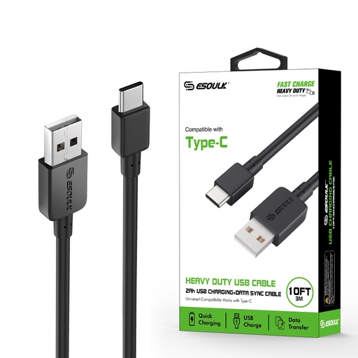 [ACE-EC38P-TPC-BK] Esoulk Round Cable For Type-C 2A (9 ft)- Black