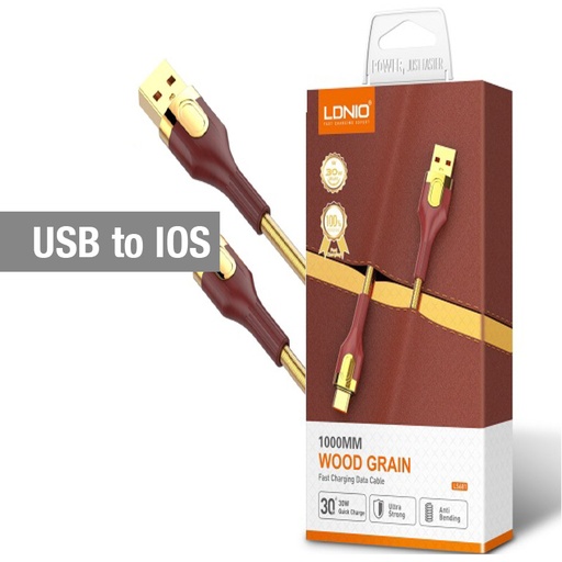 [ACE-LDN-LS681-IOS] LDNIO LS681 30W Wood Texture Gold Fast Charging Data Cable USB-A to Lightning (3 ft)