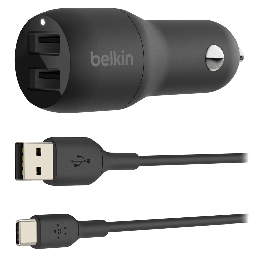 [CCE001BT1MBK] Belkin - Dual Port Usb A Car Charger 24w With Usb A To Usb C Cable 3ft - Black