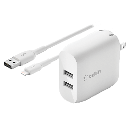 [WCD001DQ1MWH] Belkin - Dual Port Usb A 24w Wall Charger With Apple Lightning Cable 3ft - White