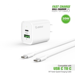 [AC-EC49-CC-WH] Esoulk 20W PD/QC Wall Charger & 5ft Cable for C to C - White