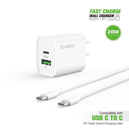 [ACE-EC49-CC-WH] Esoulk 20W PD/QC Wall Charger & Cable (5 ft) for Type-C to C - White