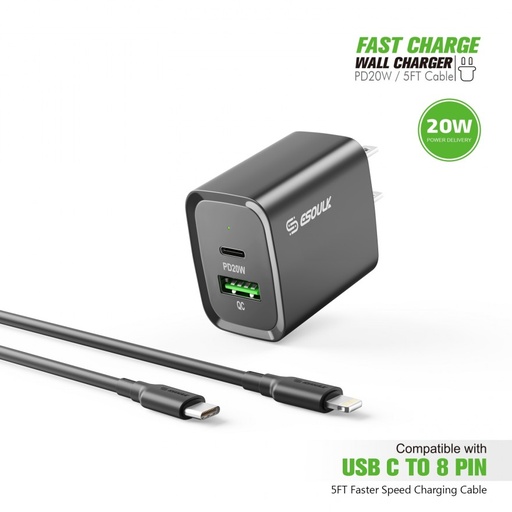 [ACE-EC49-CL-BK] Esoulk 20W PD/QC Wall Charger & Cable (5 ft) for Type-C to 8 Pin - Black