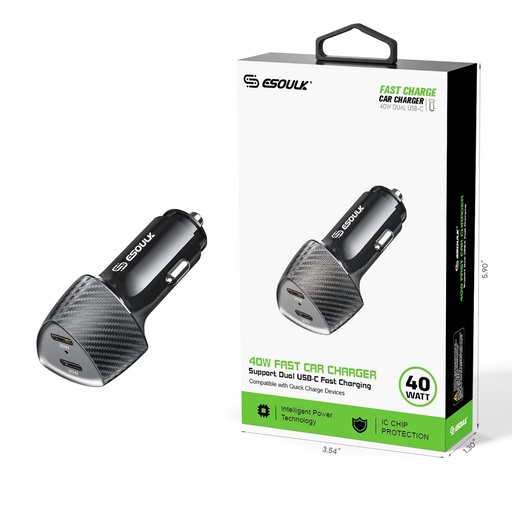 [ACE-EK-2001BK] Esoulk 40W Dual Type-C Port Fast Car Charger - Black