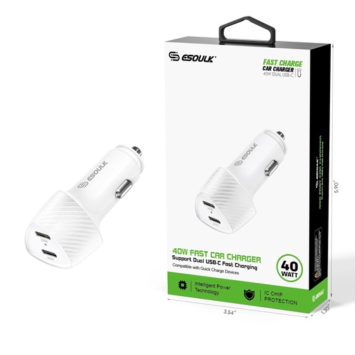 [ACE-EK-2001WH] Esoulk 40W Dual Type-C Port Fast Car Charger - White