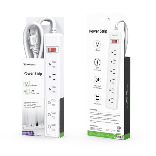 [ACE-EPS01-WH] Esoulk 6-Outlet Power Strip & (4 ft) Power Cord (White)