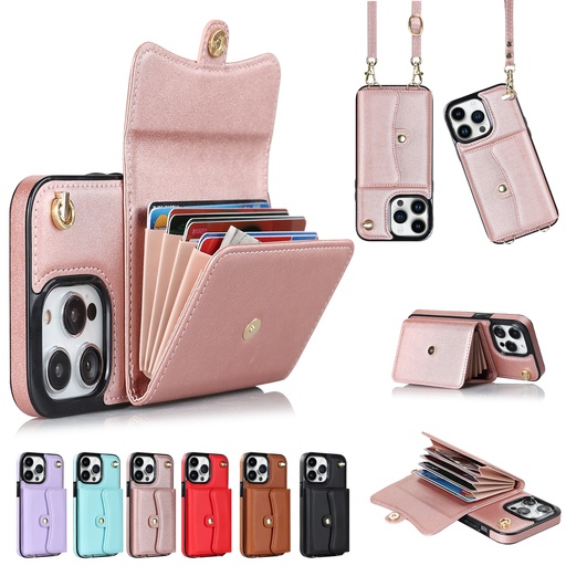[CS-I14P-8CC-ROGO] 8 Card Case with Cross Body Strap for iPhone 14 Pro - Rose Gold