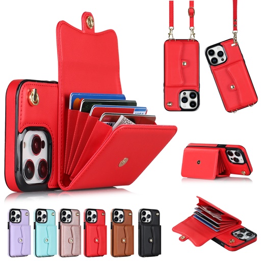 [CS-I14P-8CC-RD] 8 Card Case with Cross Body Strap for iPhone 14 Pro - Red