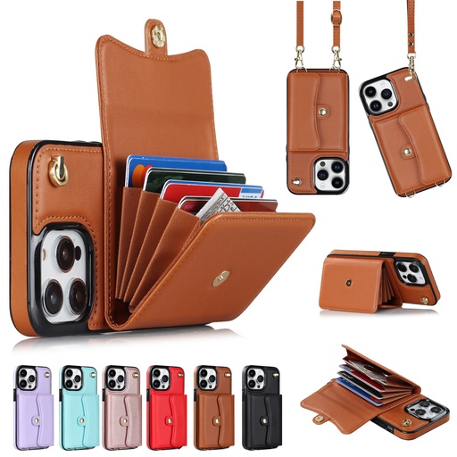 [CS-I14-8CC-BR] 8 Card Case with Cross Body Strap for iPhone 16e / 14 / 13  - Brown