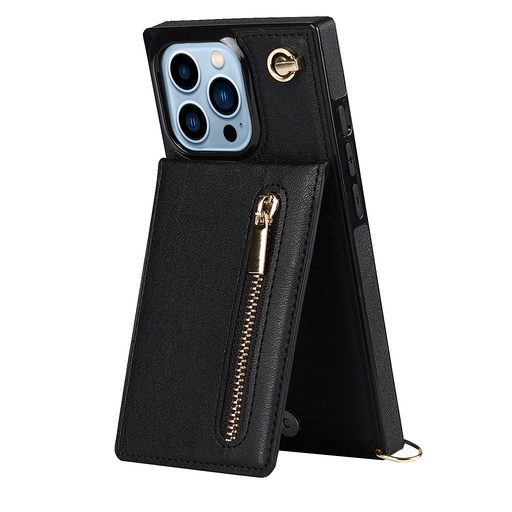[CS-I14PM-ZCS-BK] Zipper Card Stand Case with Cross Body Strap for iPhone 14 Pro Max - Black