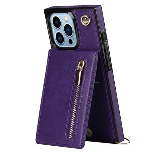 [CS-I14PM-ZCS-PU] Zipper Card Stand Case with Cross Body Strap for iPhone 14 Pro Max - Purple